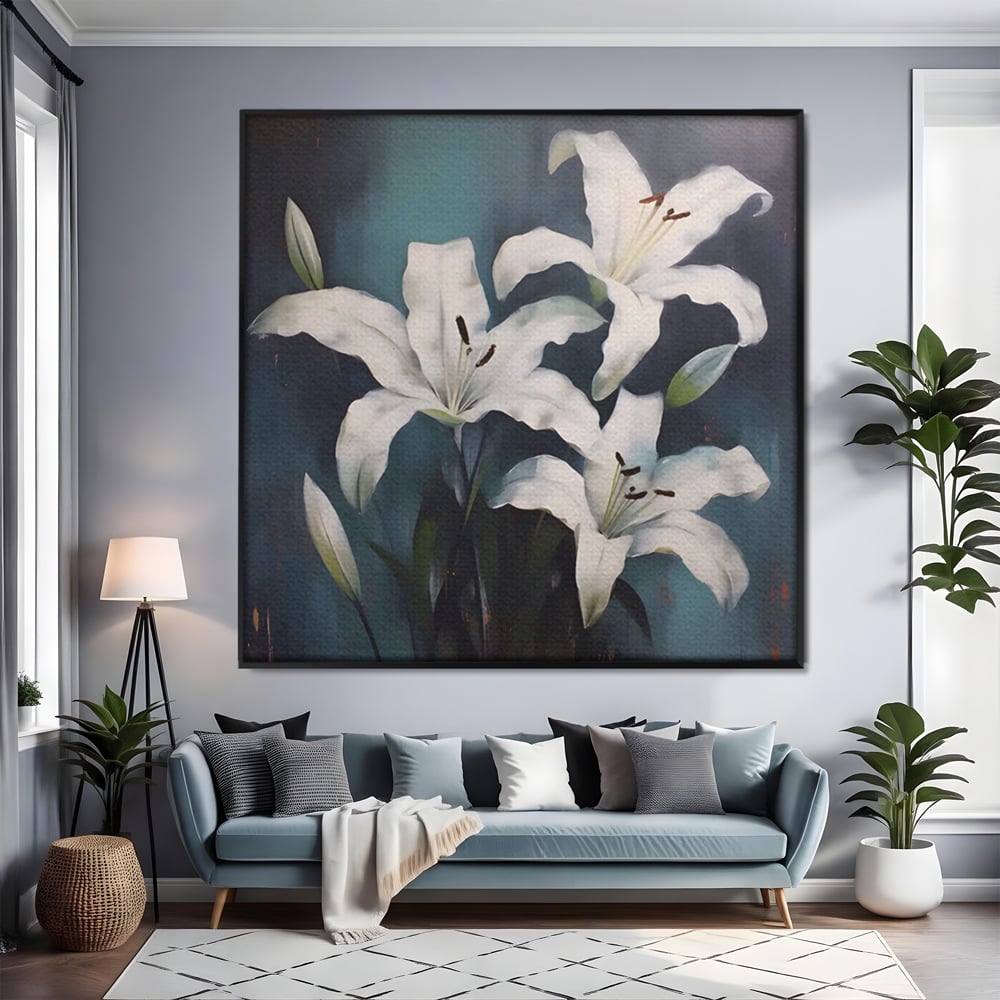 Tablou canvas cu pictura patrata cu crini albi, in rama de aluminiu negru, pe perete intr-un living